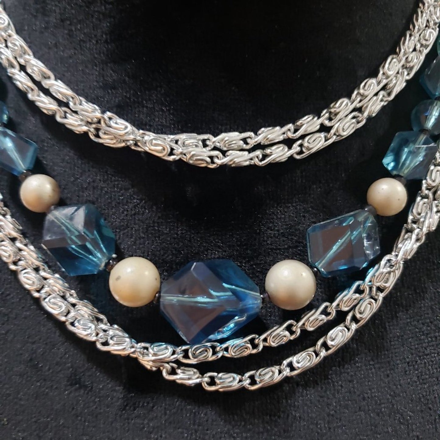 Womens Bohemian Multi Strand Faux Pearl Blue Beaded Silver Tone Chain Necklace