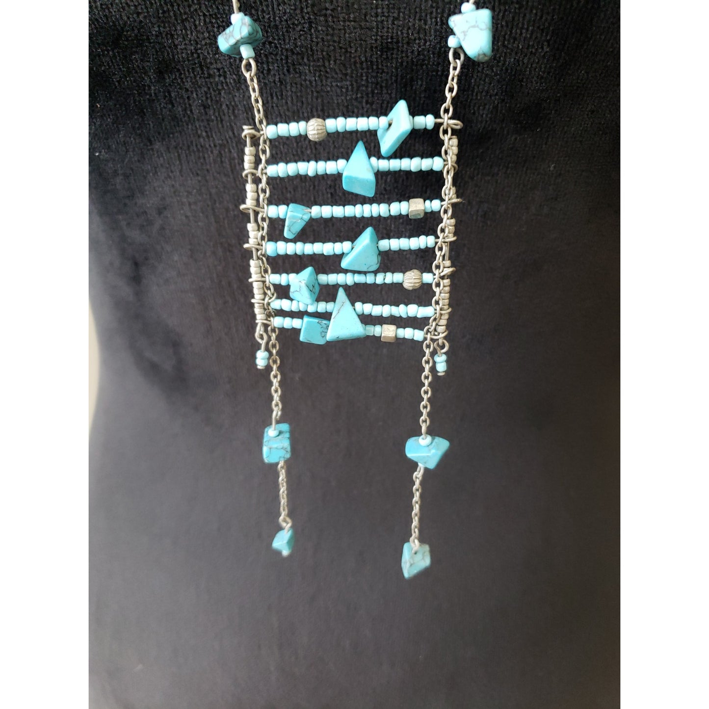 Women Fashion Boho Silver Tone Turquoise Heishi Beads Statement Necklace Jewelry