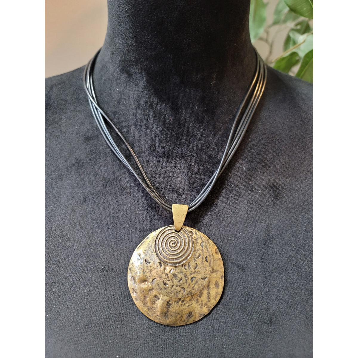 Women's Spiral Pendant Necklace with Bronze Disc and Black Leather Cord