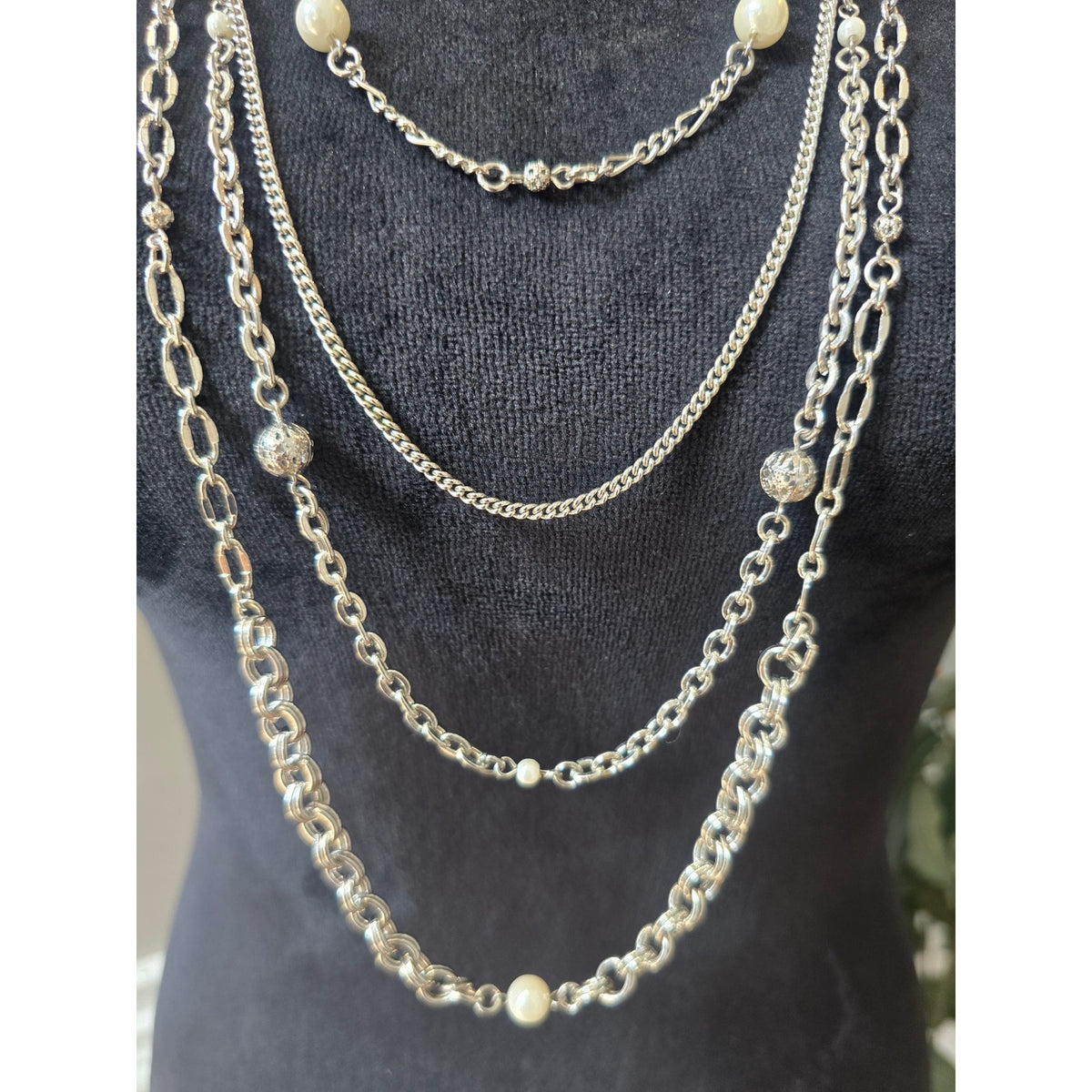 Silver Tone Multi Layer Draped Chain Faux Pearl Statement Necklace
