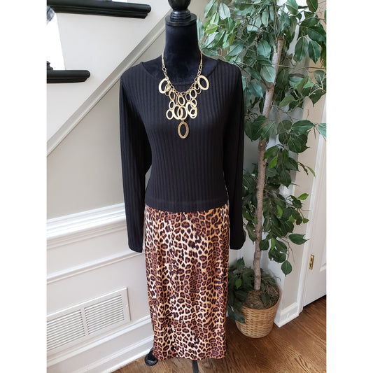 Susan Graver Sweater Dress Womens XL Multi Leopard Ribbed Long Sleeve Round Neck