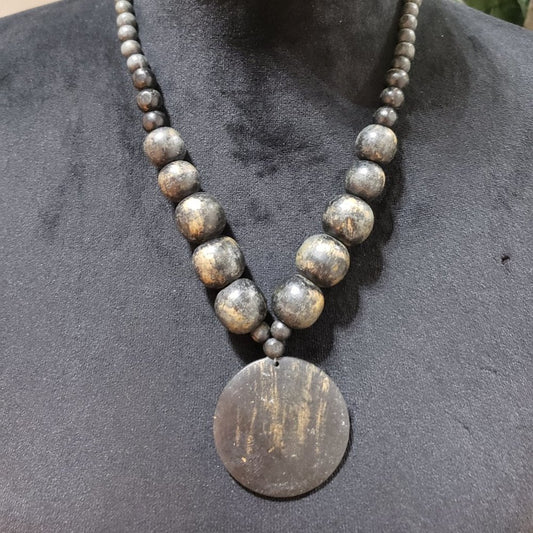 Womens Ethnic Boho Style Round Wooden Beaded Big Pendant Necklace w/ Lobster