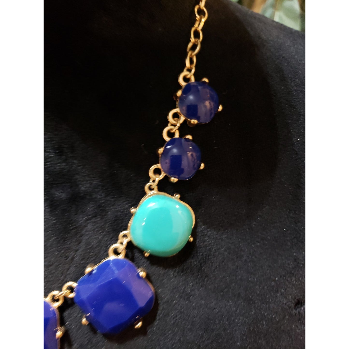 Womens Gold Tone Faceted Aqua Blue and Purple Squared Away Collar Necklace