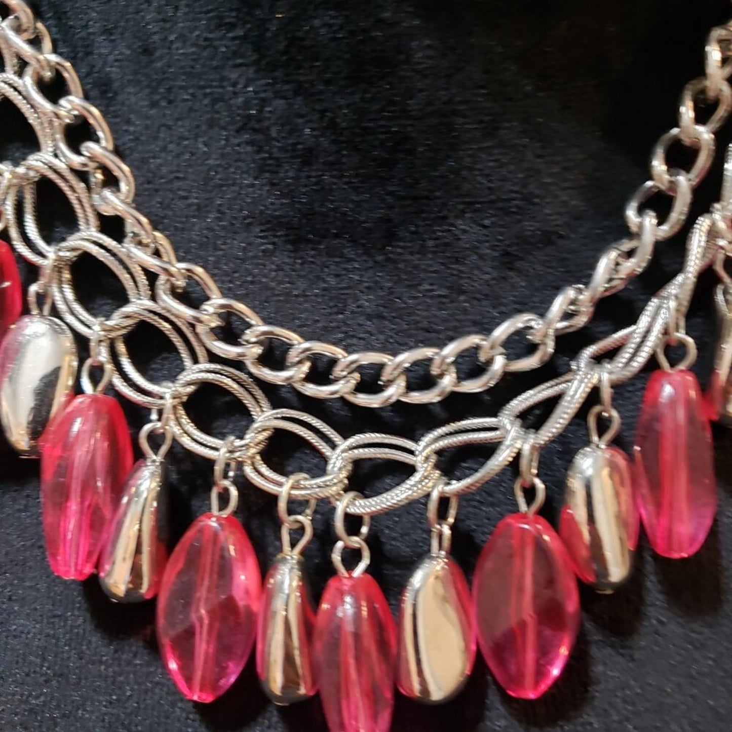 Womens Pink Bead Short Silver Double Chain Spring Daydream Necklace