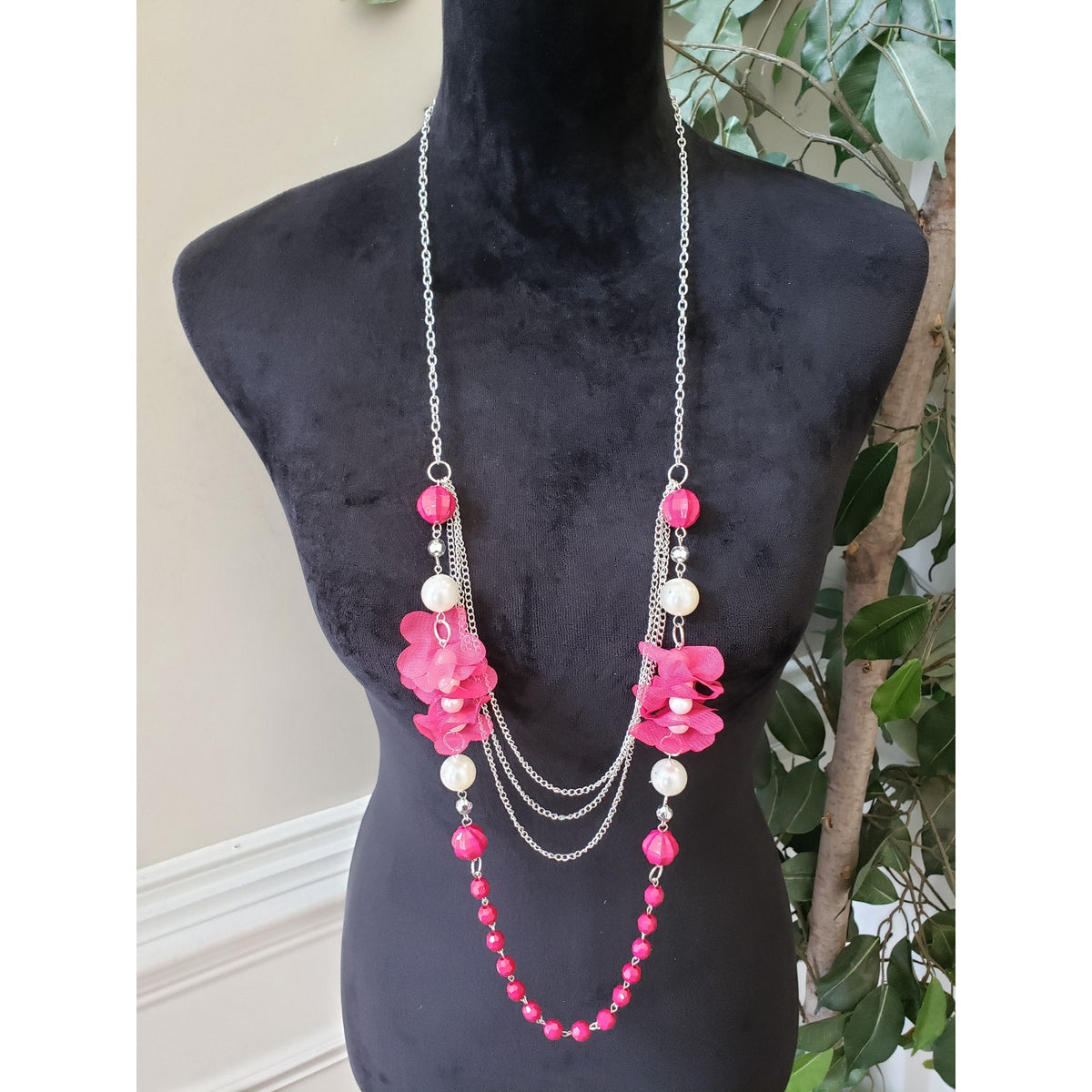 Women Silver Tone 2 Strand Pink Beaded Faux Pearl Flower Accent Necklace Jewelry