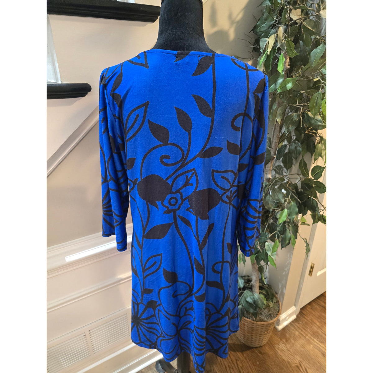 R&B Collection Midi Dress Women's 1X Blue Floral Casual Loose Fit Long Sleeves