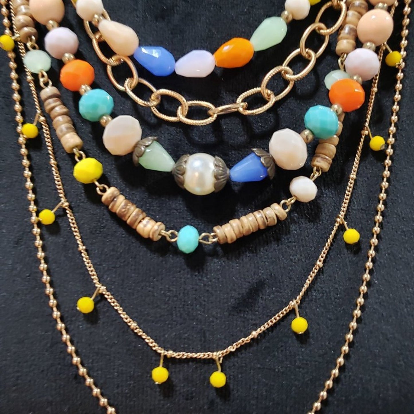 Plunder Multi Resin Layered Bead Gold Tone Boho Statement Necklace and Bracelet