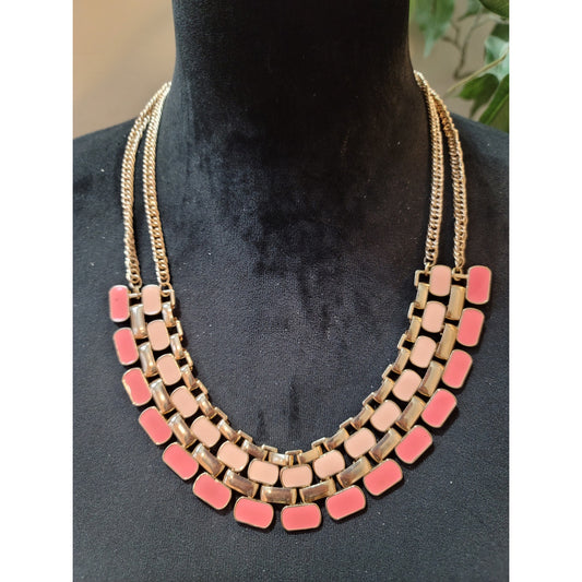 Women's Enamel Panel Bib Necklace Gold Tone Double Chain Lobster Clasp