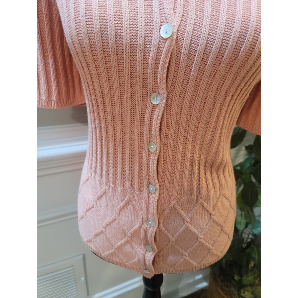 Van Heusen Cardigan Sweater Women Large Peach Ribbed Knit Button Up Short Sleeve