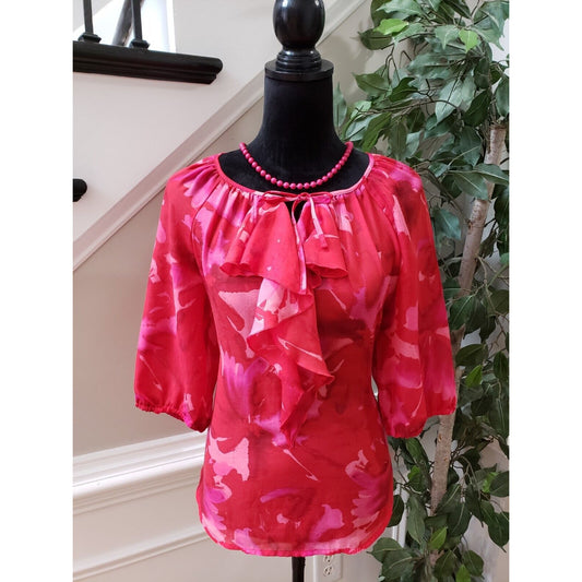 Loft Women's Red Floral Polyester Casual Round Neck 3/4 Sleeve Top Blouse Medium