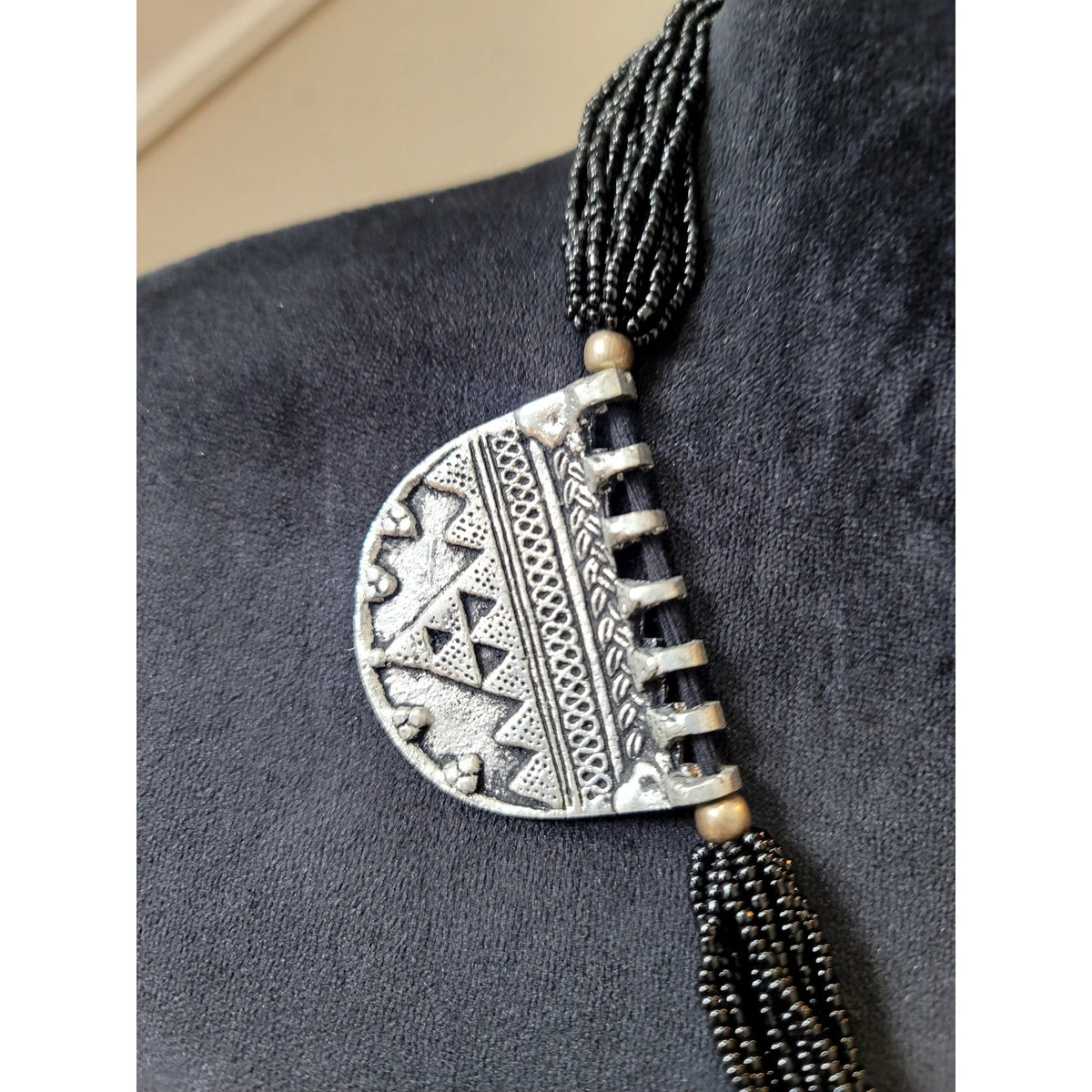 Black Multi Strand Beaded Necklace Silver Tone Tribal Medallion Statement