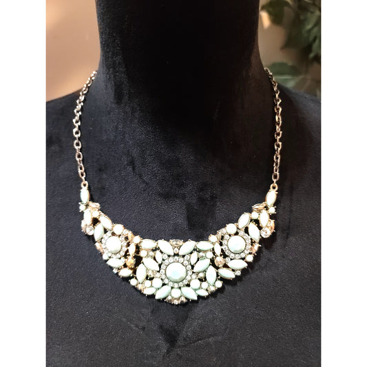 Women's Statement Mint Green Crystal Necklace Lobster Clasp Floral Design