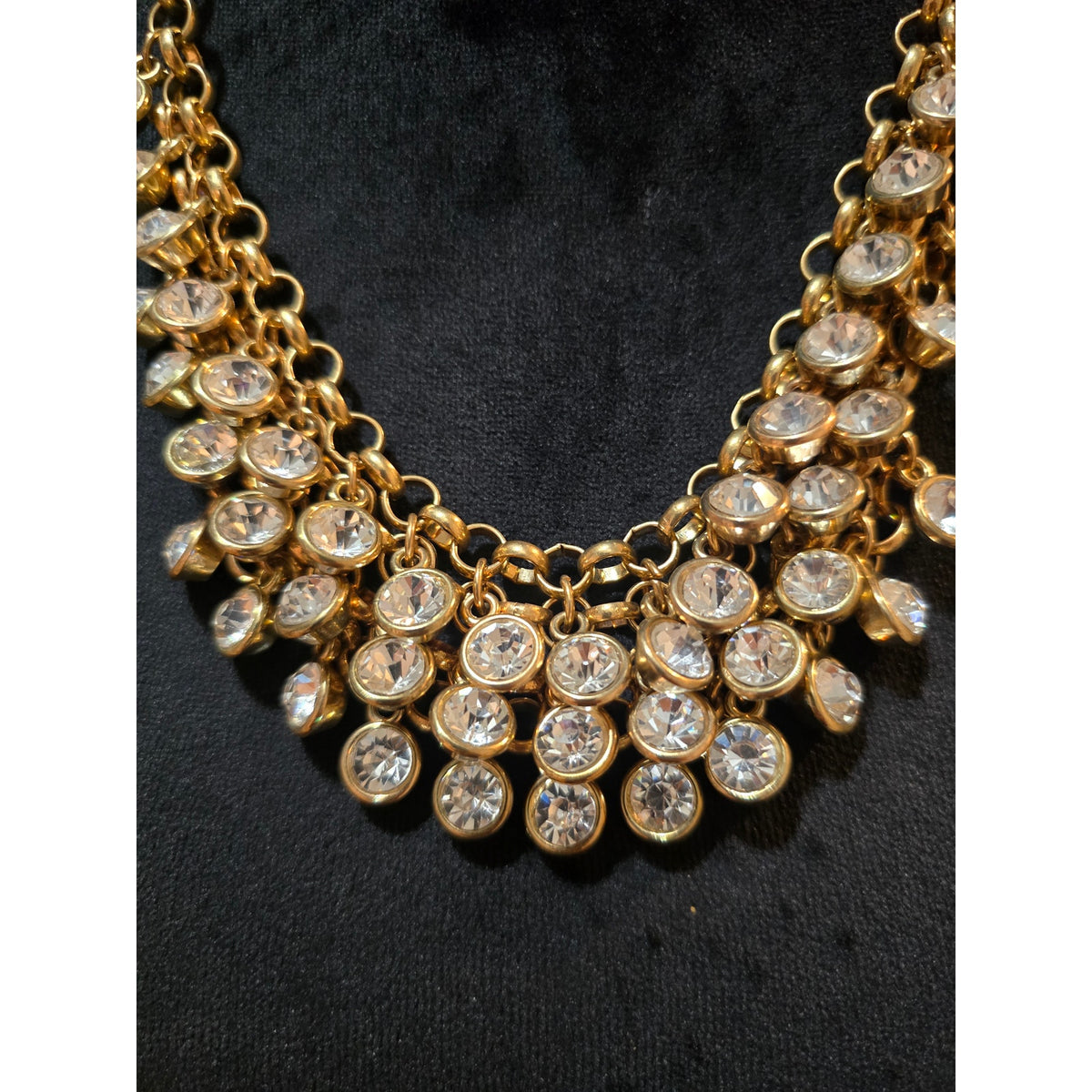 Gold Tone Rhinestone Lobster Bib Necklace Statement Layered Chain Dangle Crystal