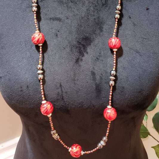 Women Silver Red Glass & Metal Bowls, Seed Beads Station Necklace w/ Spring Ring