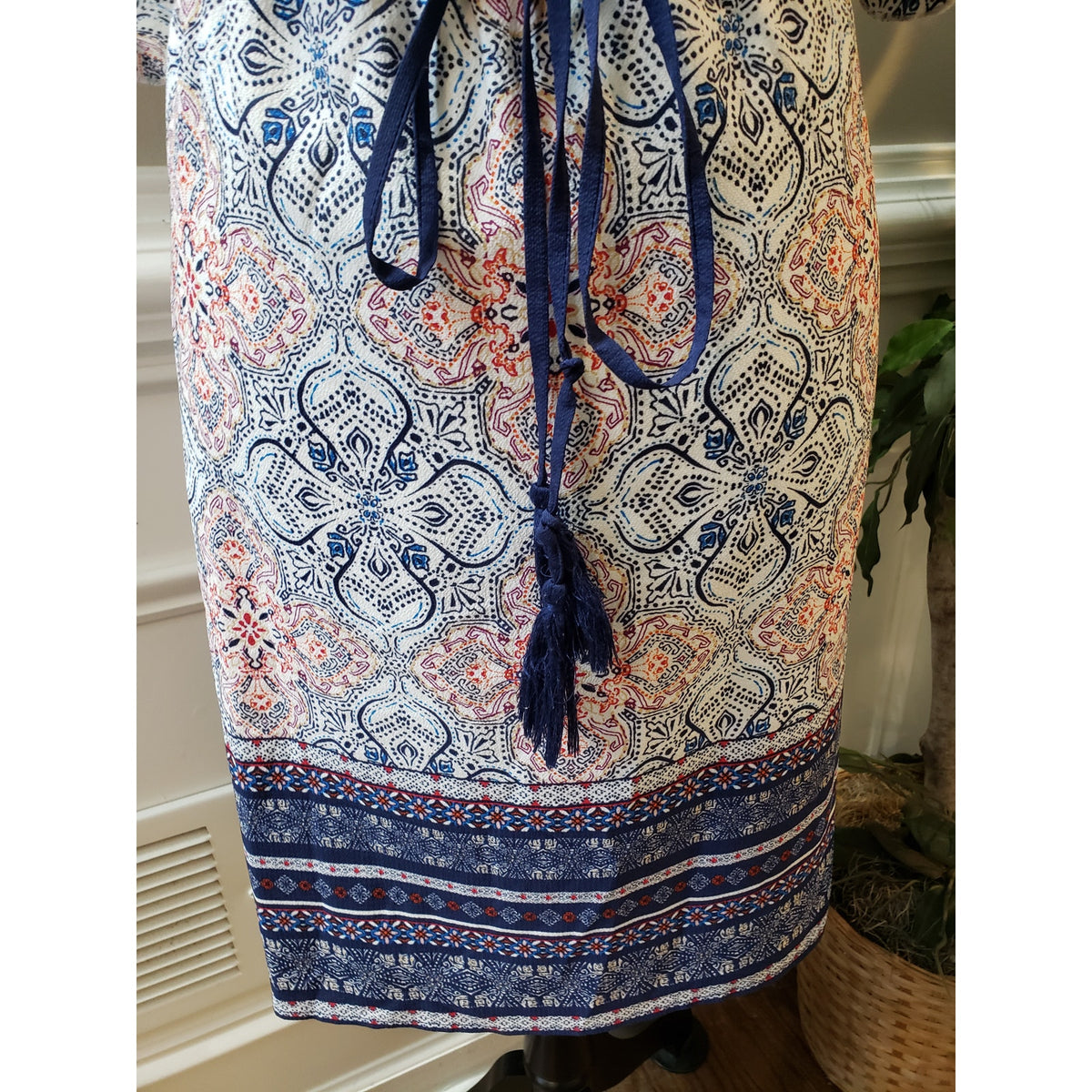 Maurices Dress Women Size X-L Blue Pink Boho Cold Shoulder Wrap Belted