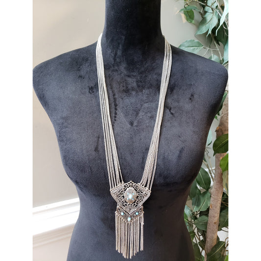 Women's Vintage Boho Statement Necklace Silver Tone Chain with Turquoise Stones