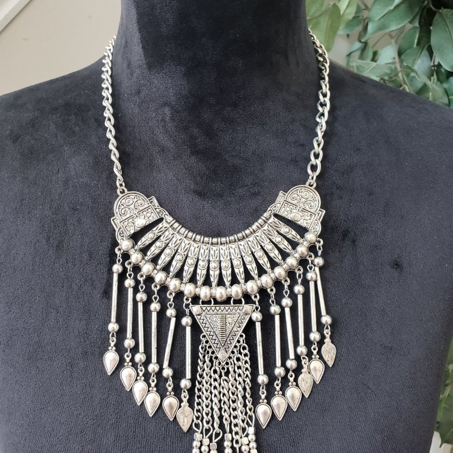 Women African Bohemian Style Antiqued Silver Tone Tassel Statement Bib Necklace