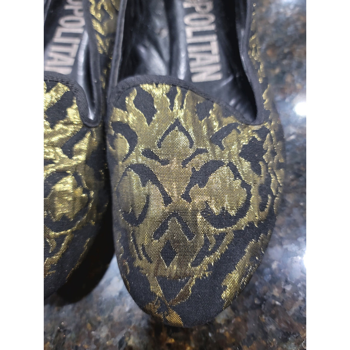 Cosmopolitan Ballet Shoes Women's Size 8.5M Black Gold Paisley Round Toe Slip On