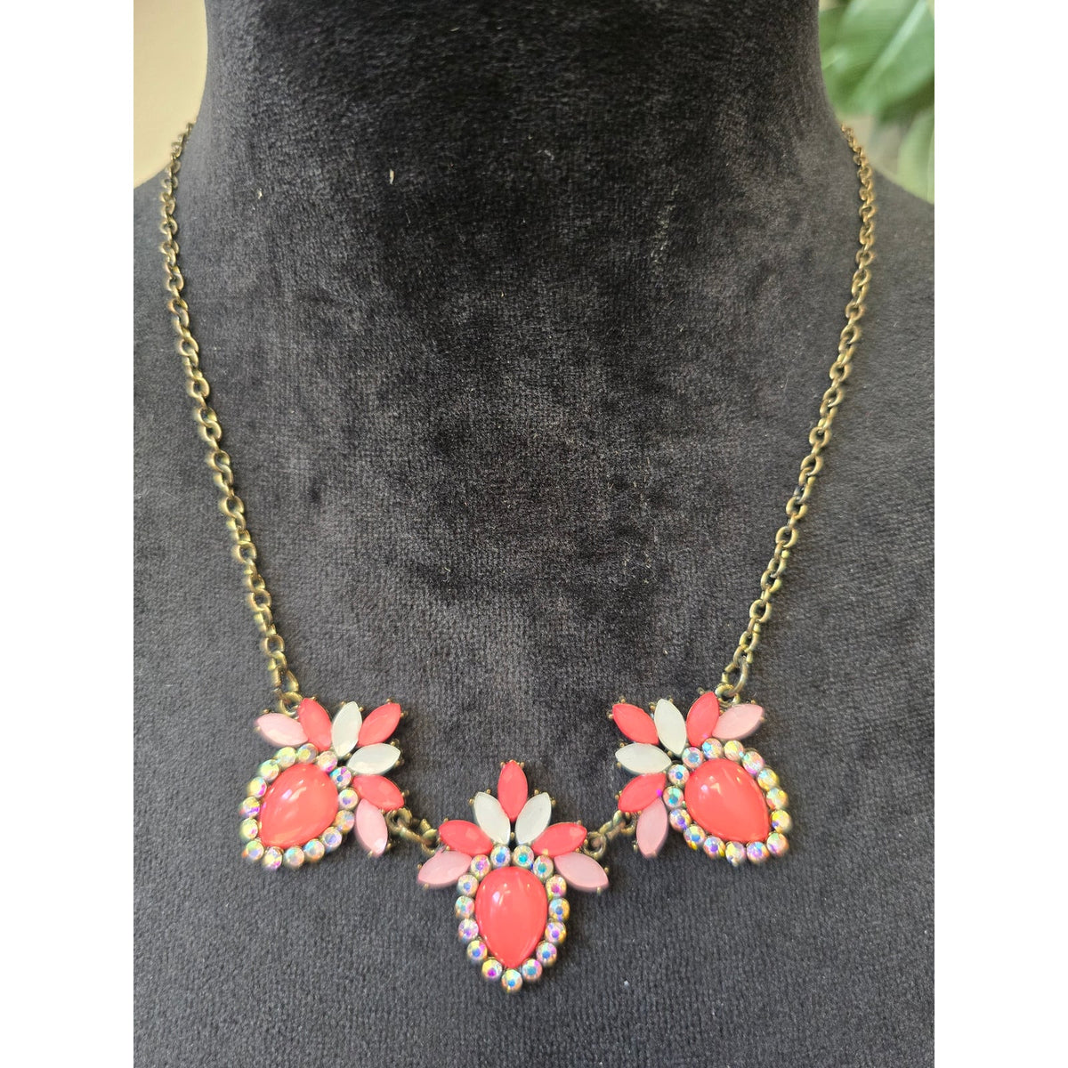 Gold-tone Chain Pink Teardrop Cluster Rhinestone Statement Necklace for Women