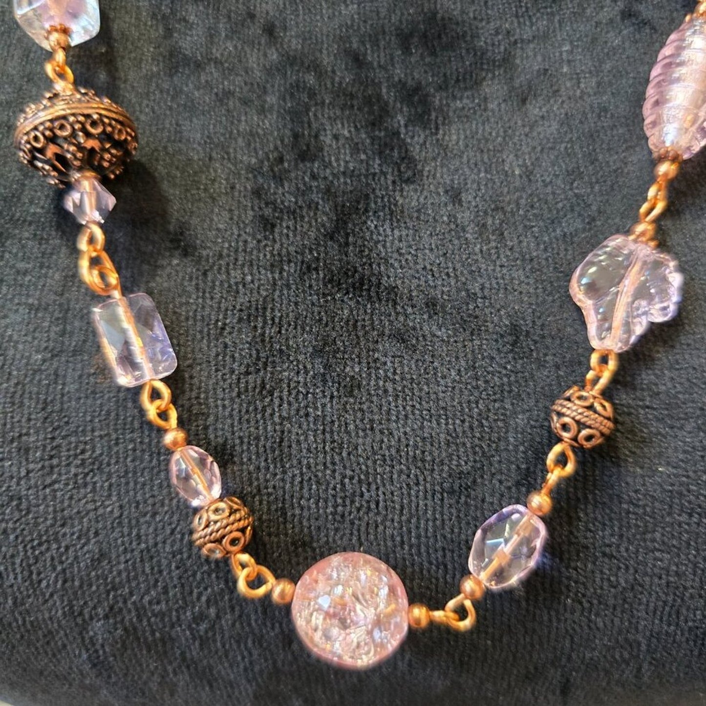 Womens Bright Pink Venetian Crystal Brown Round Metal Beaded Necklace