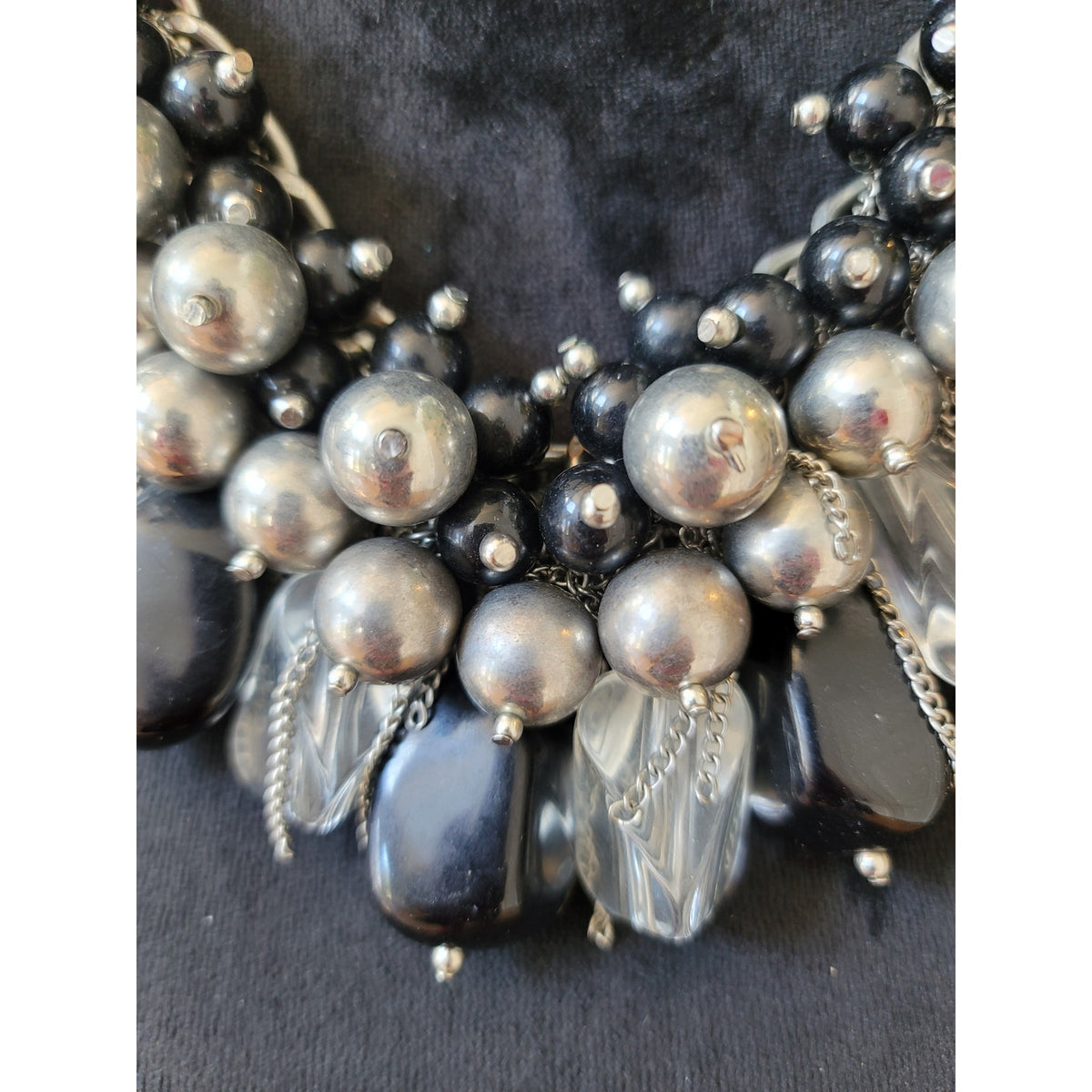 Women's Chunky Silver Black Beaded Statement Necklace with Lobster Clasp Chain