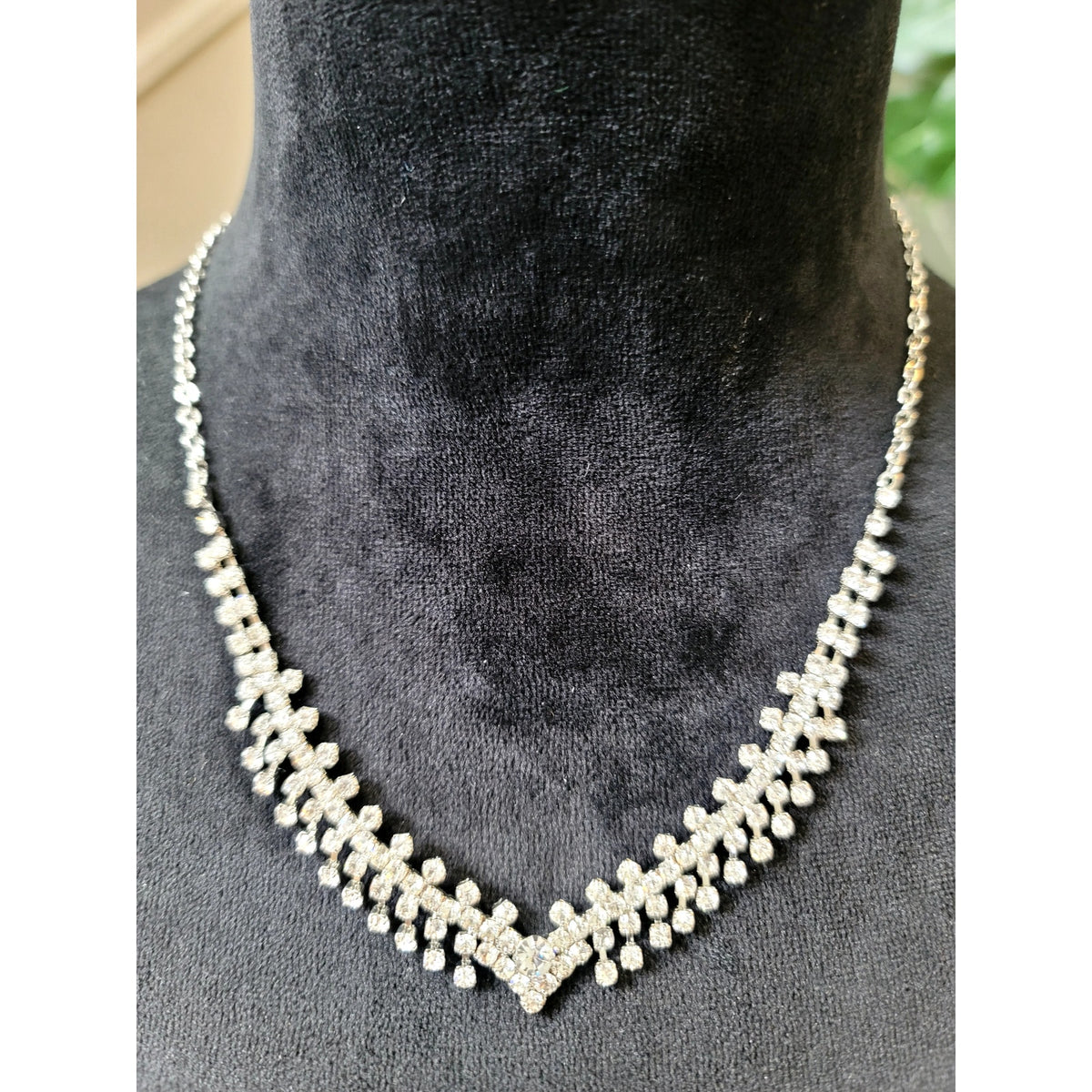 White Crystal Beaded Chevron Statement Necklace Elegant