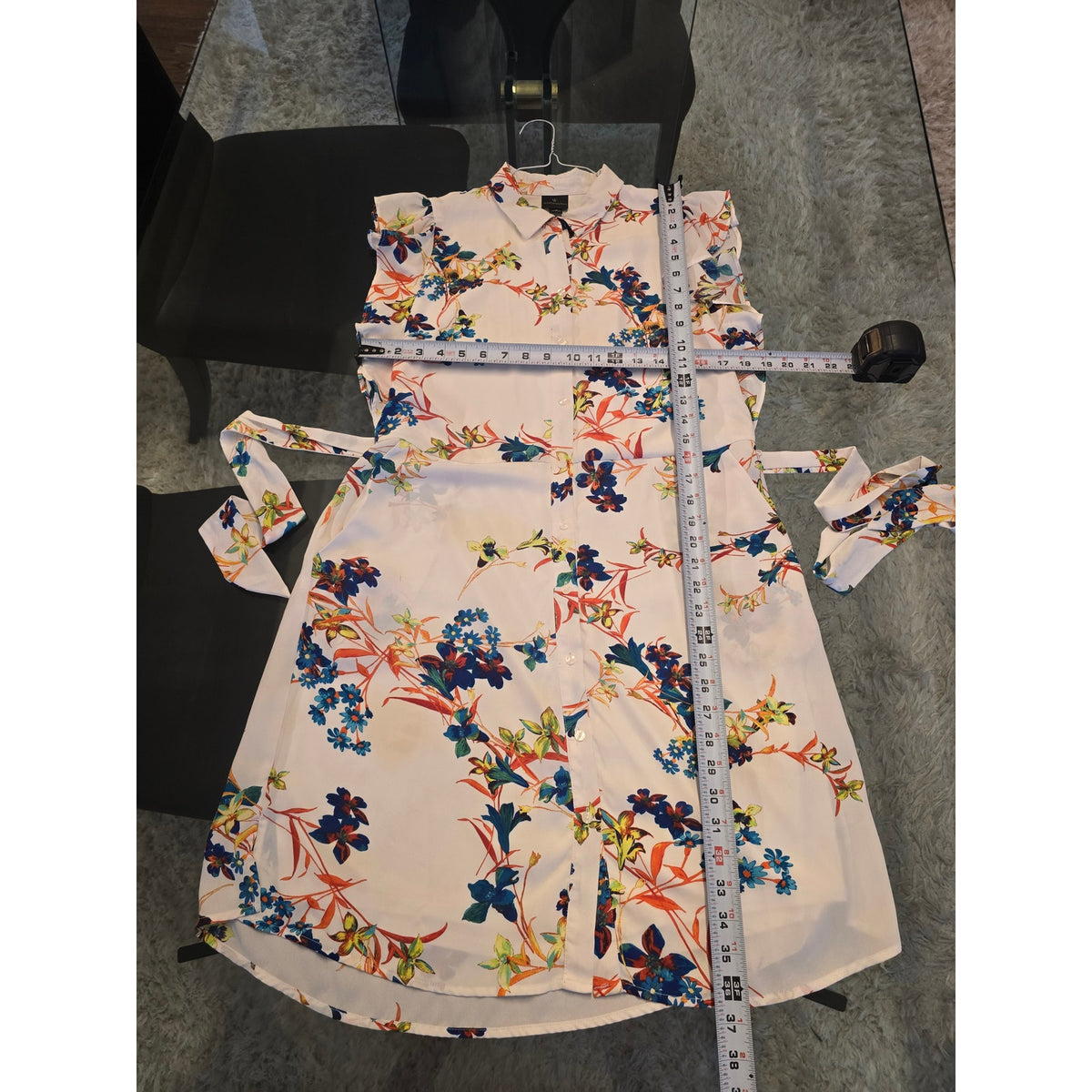 Worthington Shirt Dress Womens 6 White Floral Button Up Waist Tie Flutter Sleeve