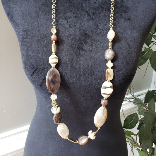 Women Brown Beige Faux Pearl Abalone Shell Bead Boho Necklace with Lobster Clasp