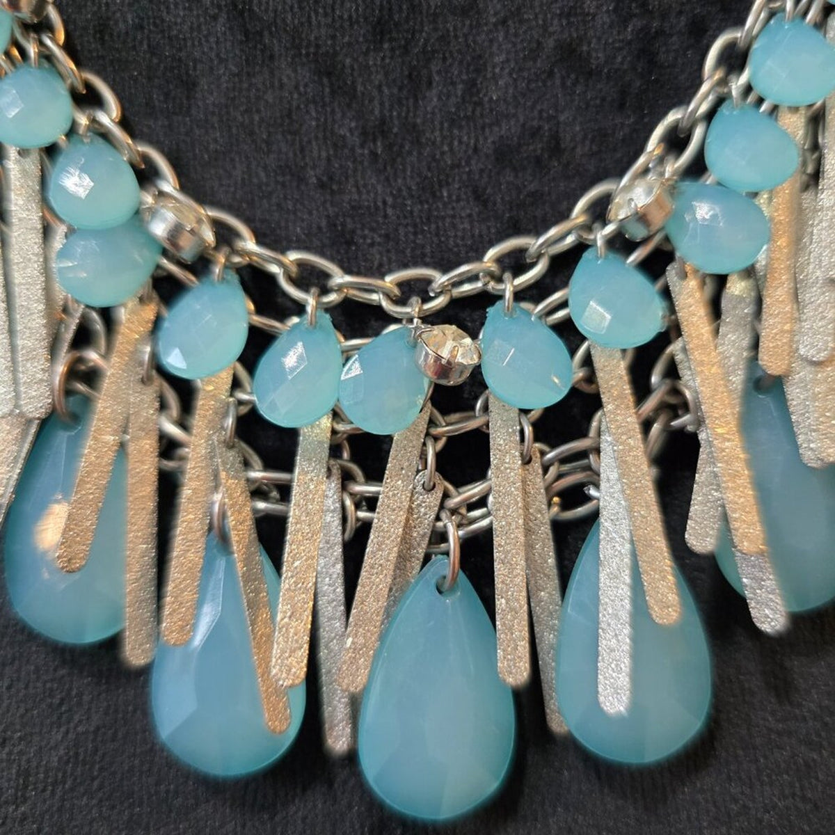 Womens Blue Crystal Teardrop Beaded Metal Fingers Necklace with Lobster Clasp