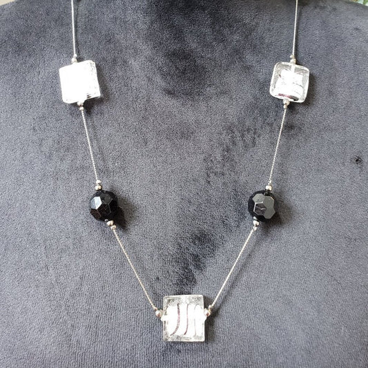 Womens Black Clear Crystal Silver Tone Chain Linked Necklace with Lobster Clasp