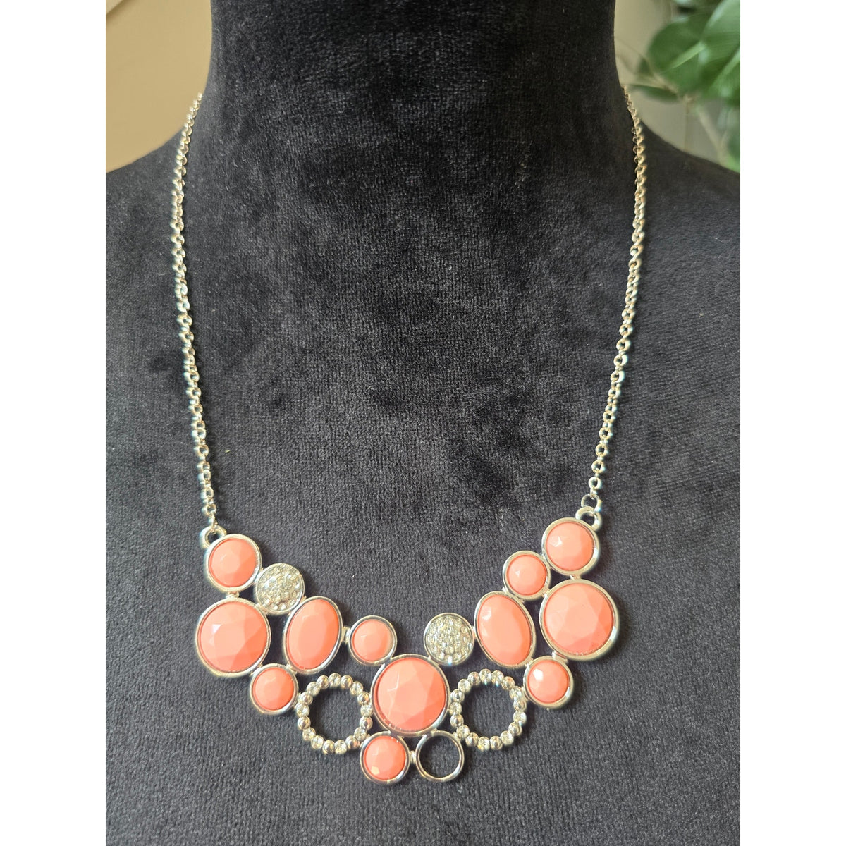 Coral Peach Orange Geometric Bib Statement Necklace