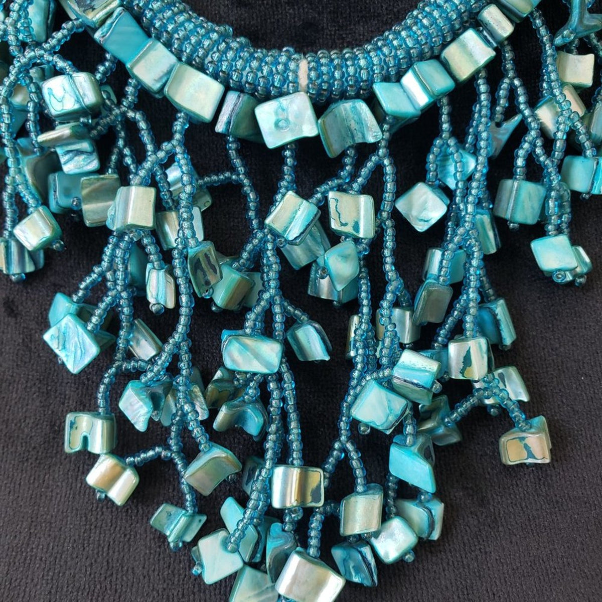 Womens Fashion Abalone Shell Glass Seed Beaded Fringe Statement Necklace