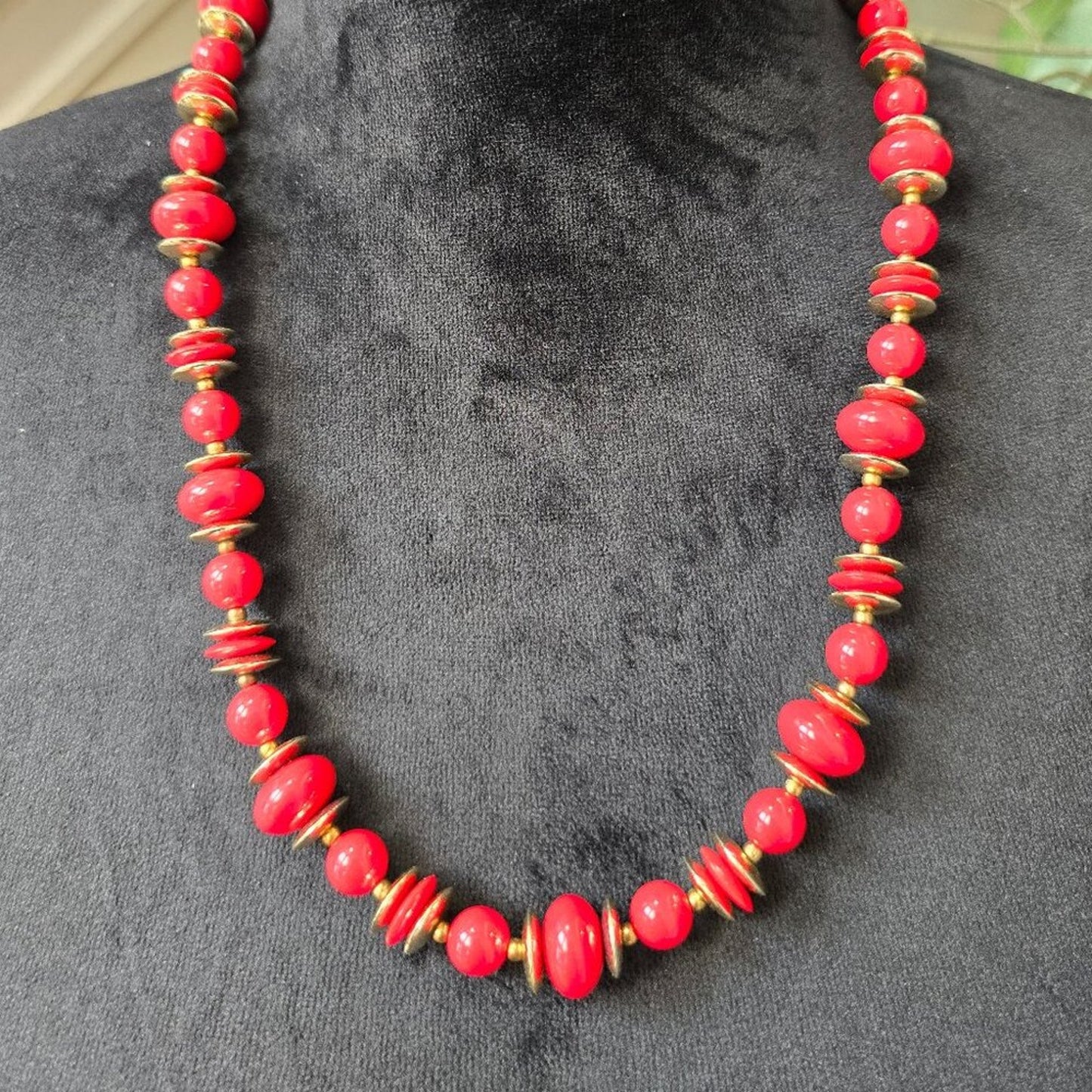 Womens Red Lucite Bead Gold Accents Single Strand Collar Necklace w/ Spring Ring
