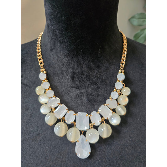 Women's Statement Necklace with White Beads and Faceted Drop Pendant