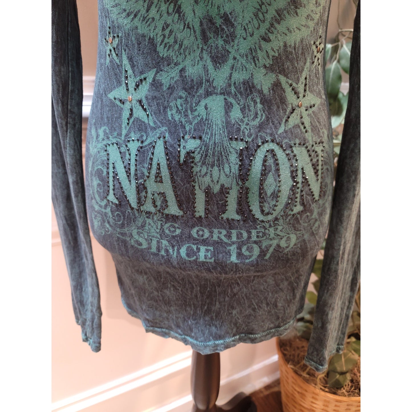 Daytrip Women’s Medium Blue Rebel Nation Graphic Long Sleeve Burnout Tee Shirt