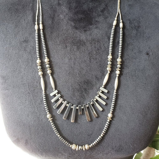 Womens 2 Strand Silver Oxidized Fan Sticks Beaded Necklace with Lobster Clasp