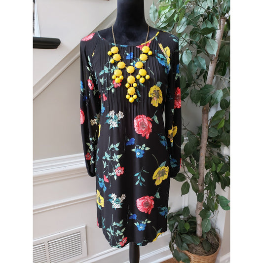Old Navy Sheath Dress Women's Size Medium Black Floral Slit Sleeve Round Neck