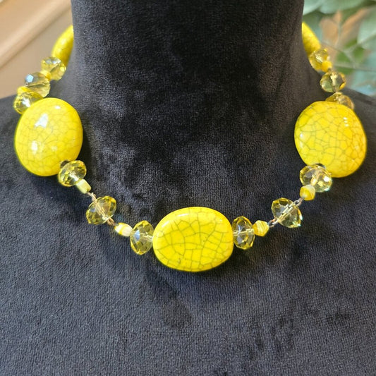 Womens Fashion Yellow Howlite Turquoise & Crystal Necklace with Lobster Clasp