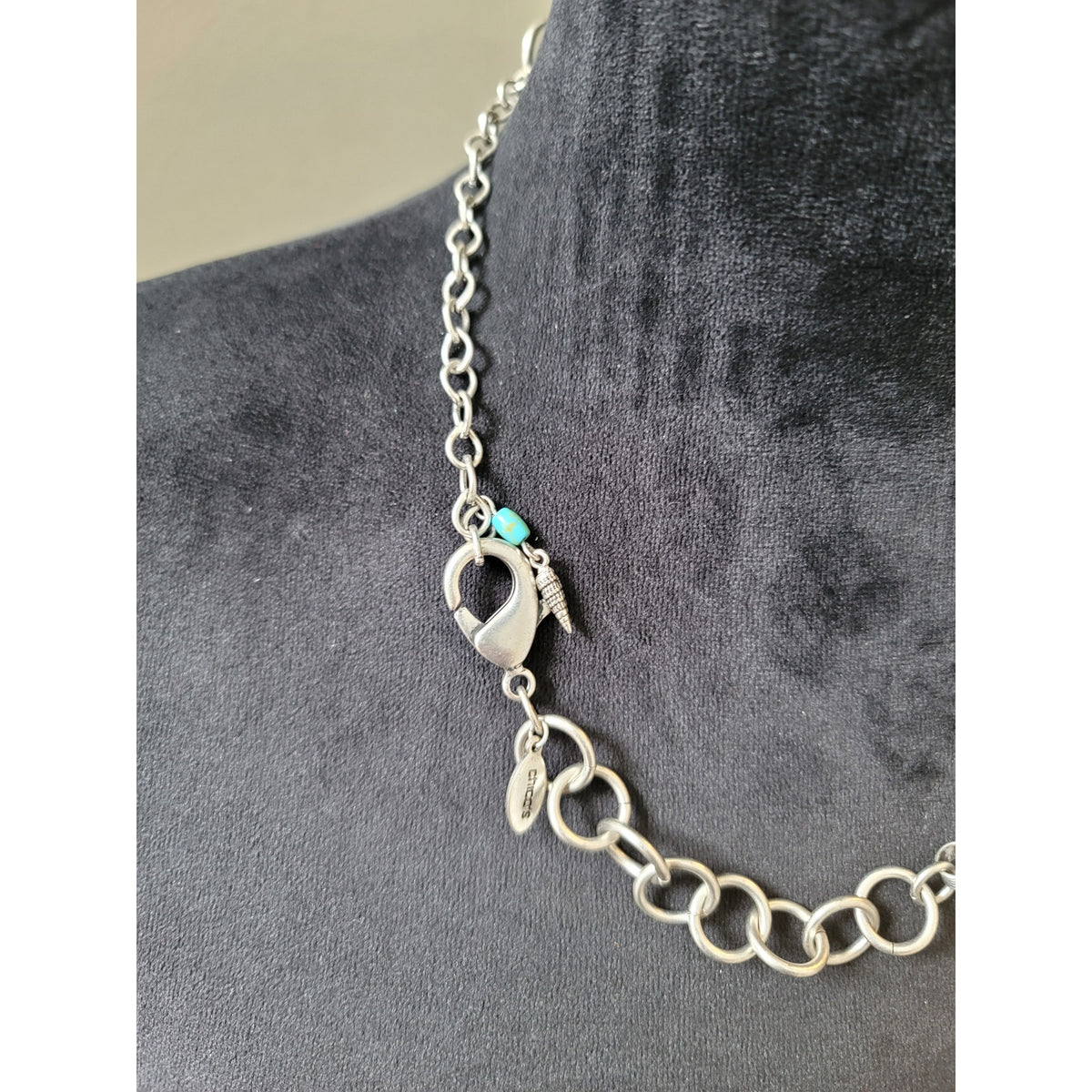 Chico's Women's Silver Tone Charm Necklace With Toggle Lock Fish Shell Beads