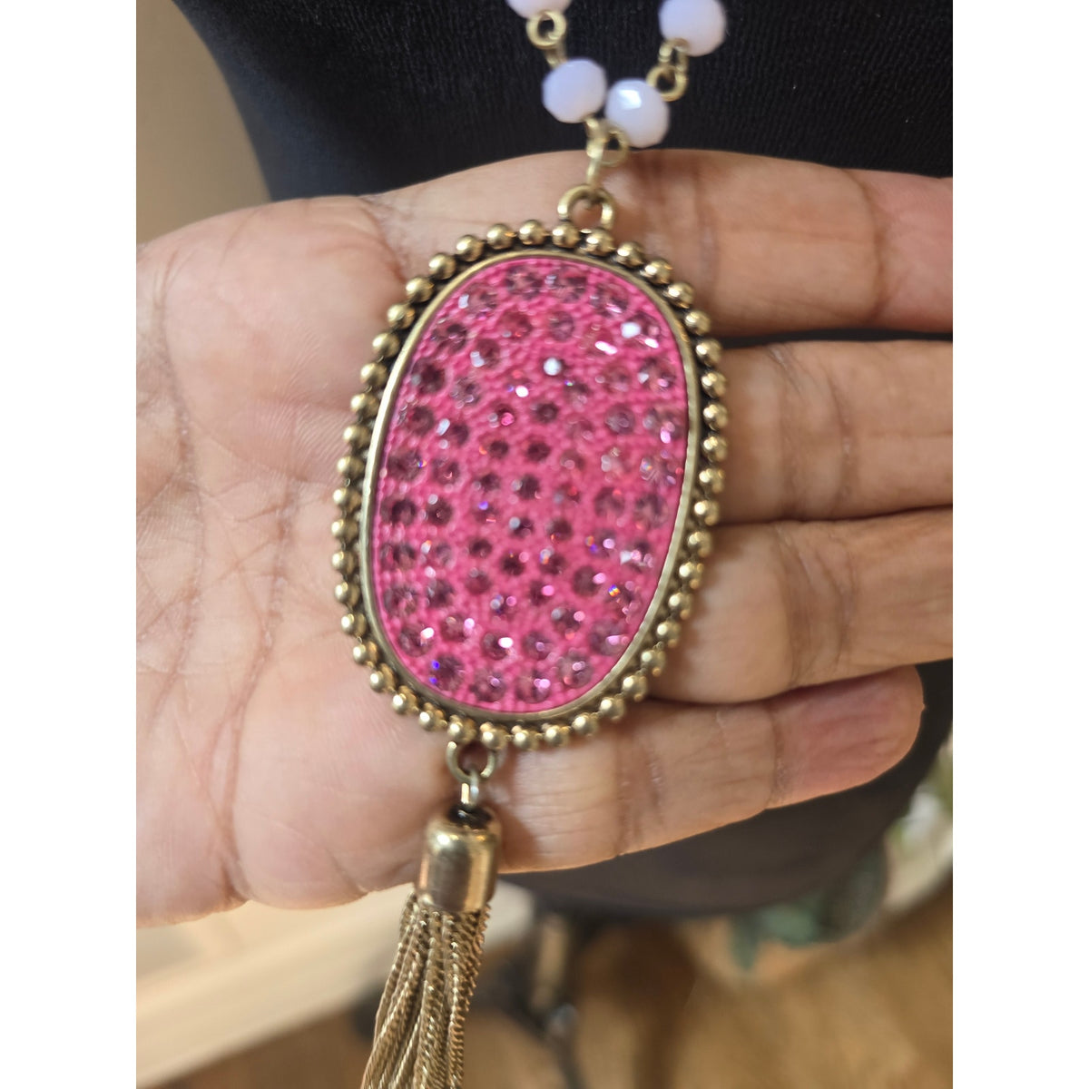 Long Pink Beaded Tassel Pendant Necklace Rhinestone Statement Fashion Jewelry