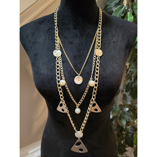Women's Gold Tone Layered Chain Necklace Geometric Pendant Pearl Multi Strand