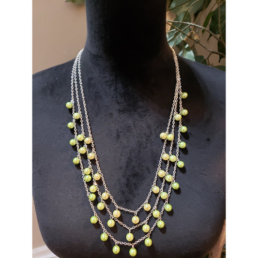 Women 3 Layered Silver Tone Green Faux Pearl Drippy Statement Necklace Jewelry