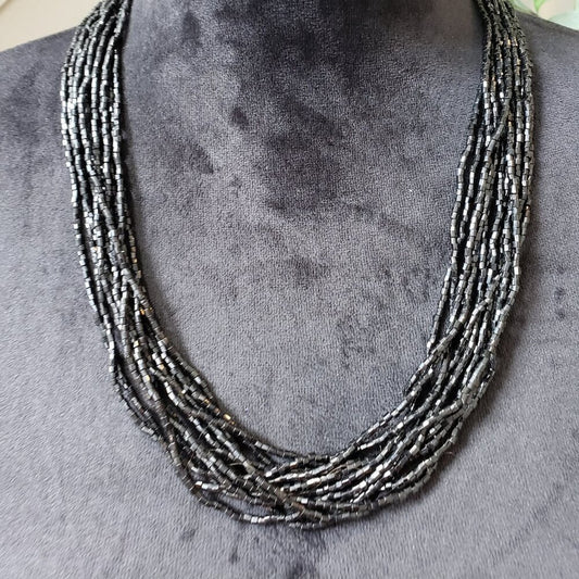 Womens Fashion Black Square Seed Beaded Multi Strand Necklace with Lobster Clasp