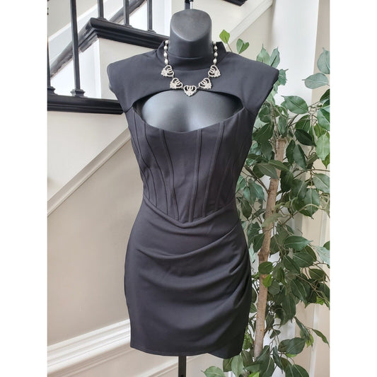 Lilly's Kloset Womens Black Polyester Mock Neck Short Sleeve Knee Length Dress M