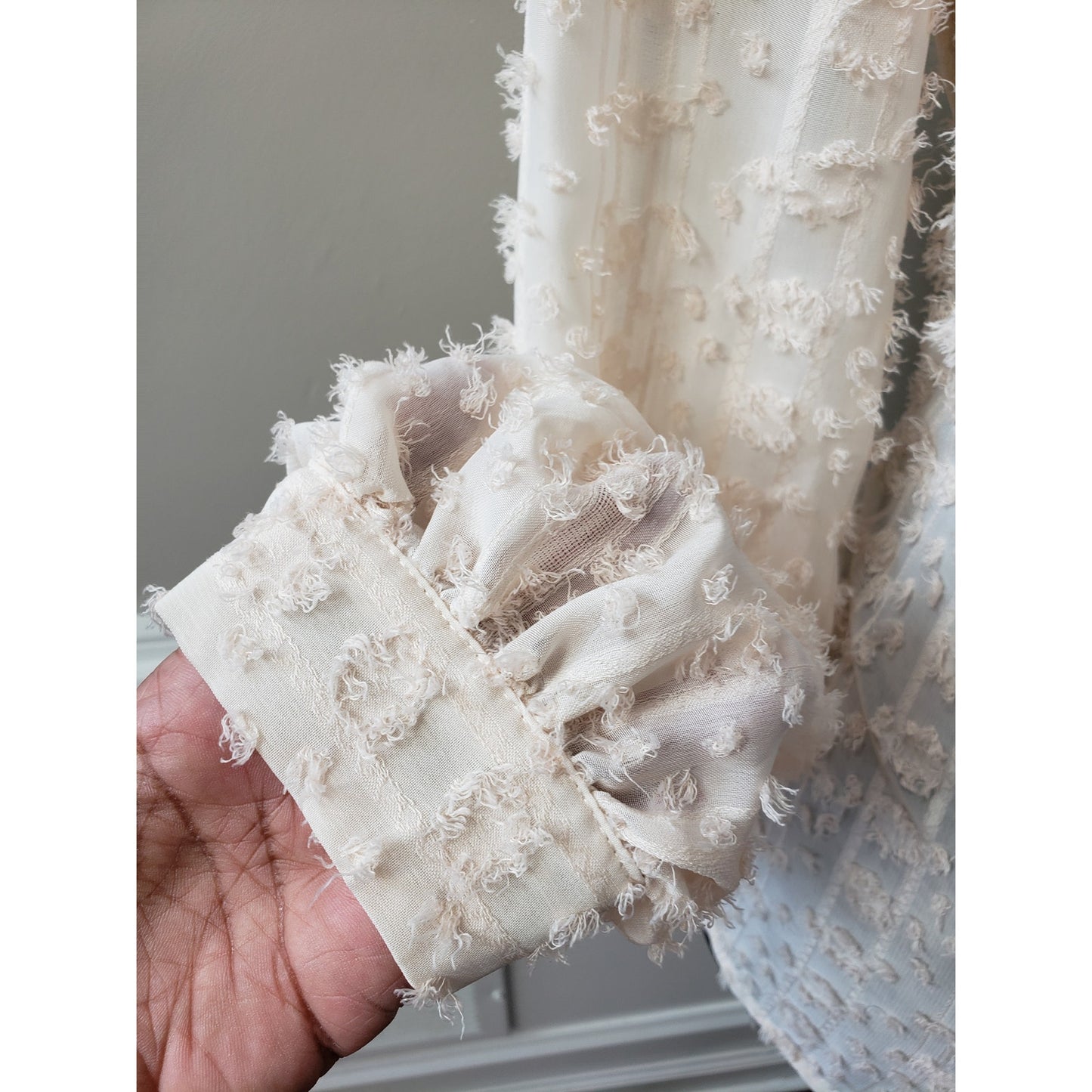 Listicle Button Down Shirt Womens Medium Beige Lace Sheer Tie Neck Long Sleeve