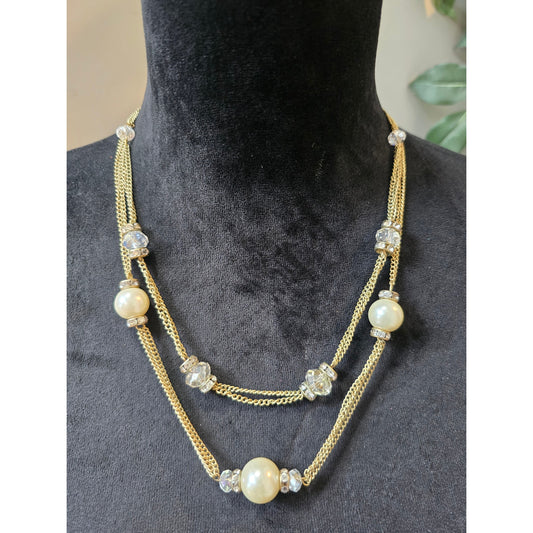 Women's Gold Tone Necklace Set with Pearls and Faceted Crystal Beads