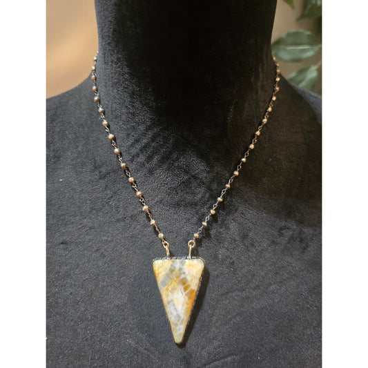 Women's Beaded Necklace With Lobster Clasp And Yellow Jasper Triangle Pendant