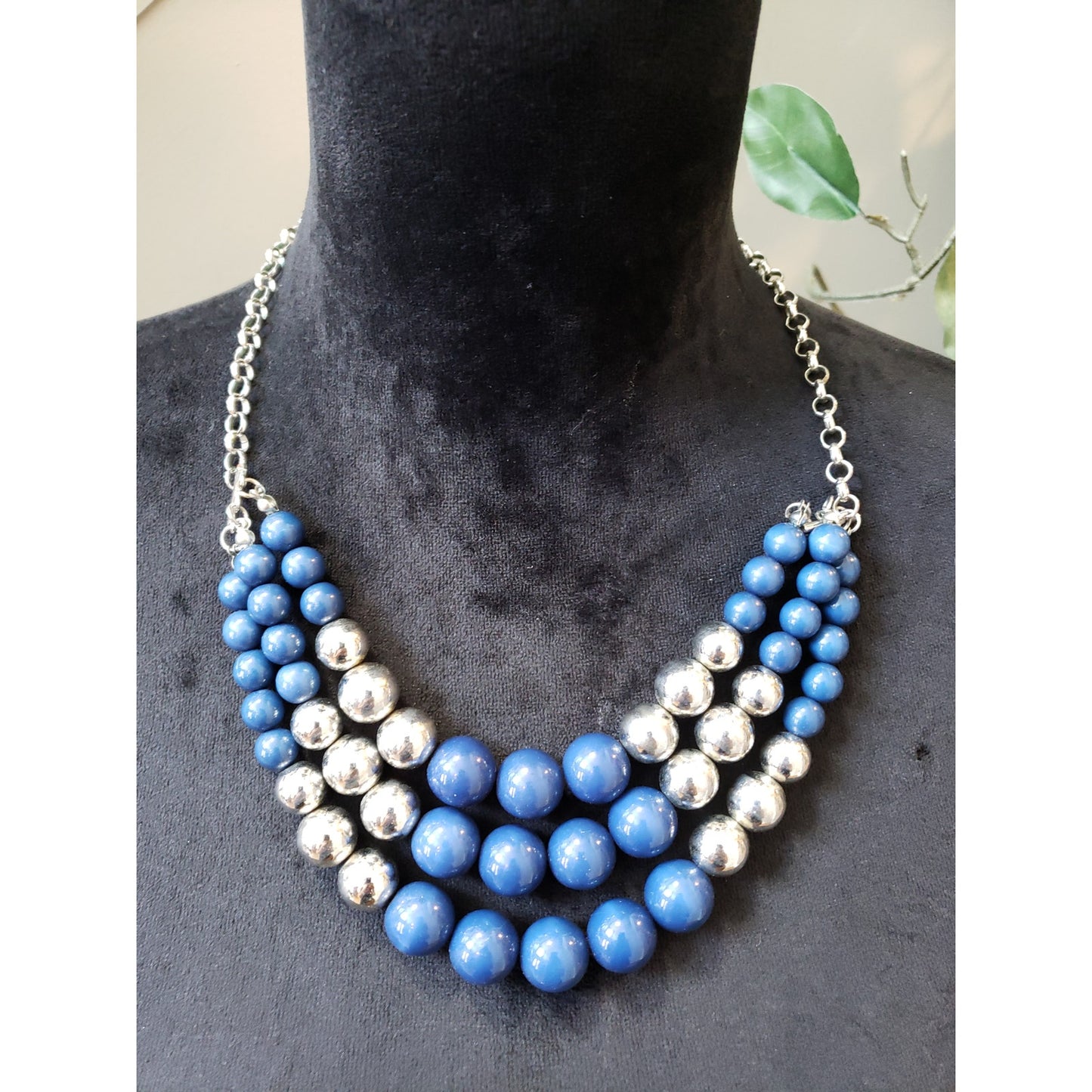 Women's Blue Silver Beaded Statement Necklace Lobster Clasp Layered Chunky