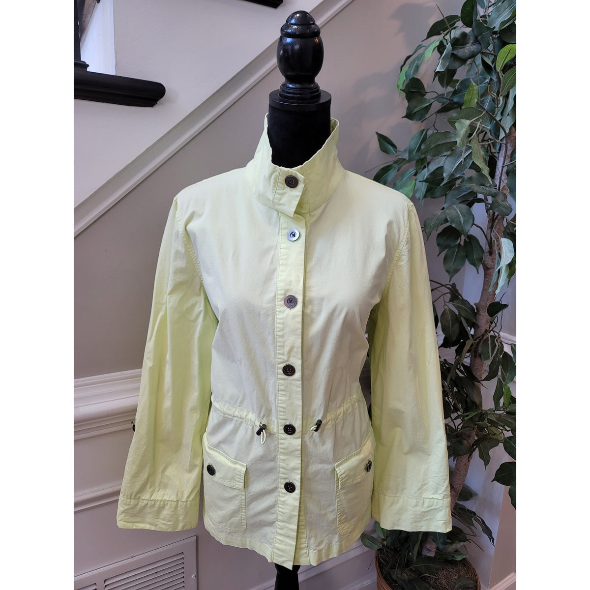 Chico’s Utility Jacket Women's SZ L Lime Green Button Up Flap Pockets Drawstring