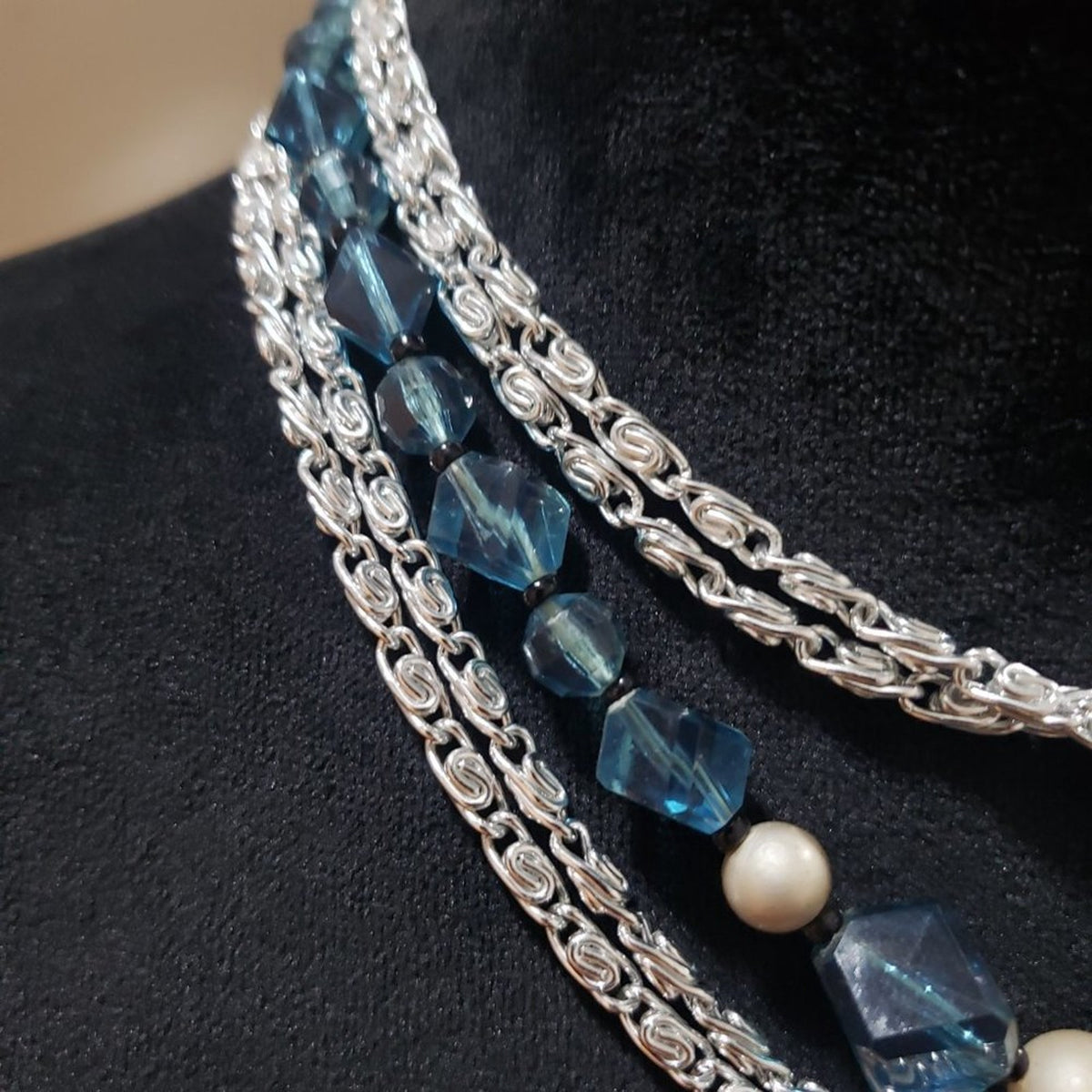 Womens Bohemian Multi Strand Faux Pearl Blue Beaded Silver Tone Chain Necklace